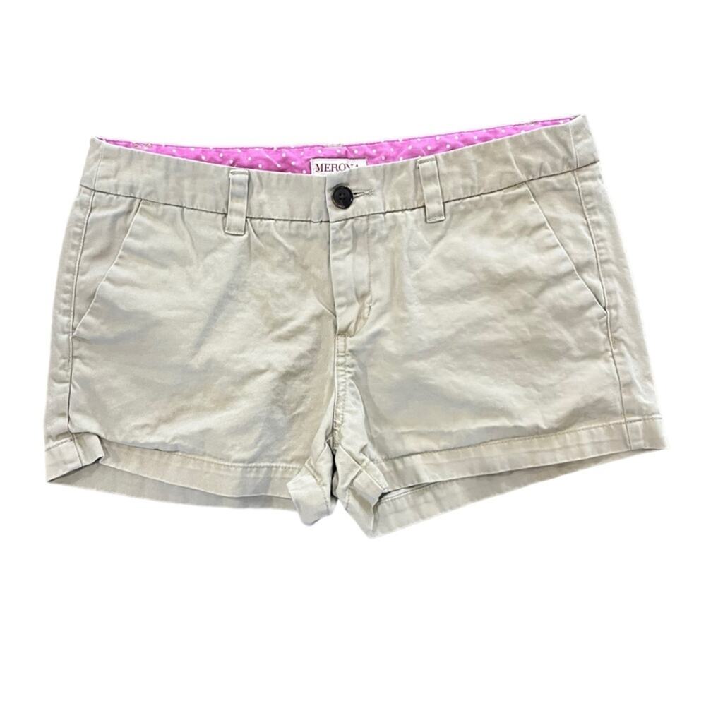 Merona Womens Chino Shorts Size 8 Khaki Flat Front Granola Preppy Simple Neutral